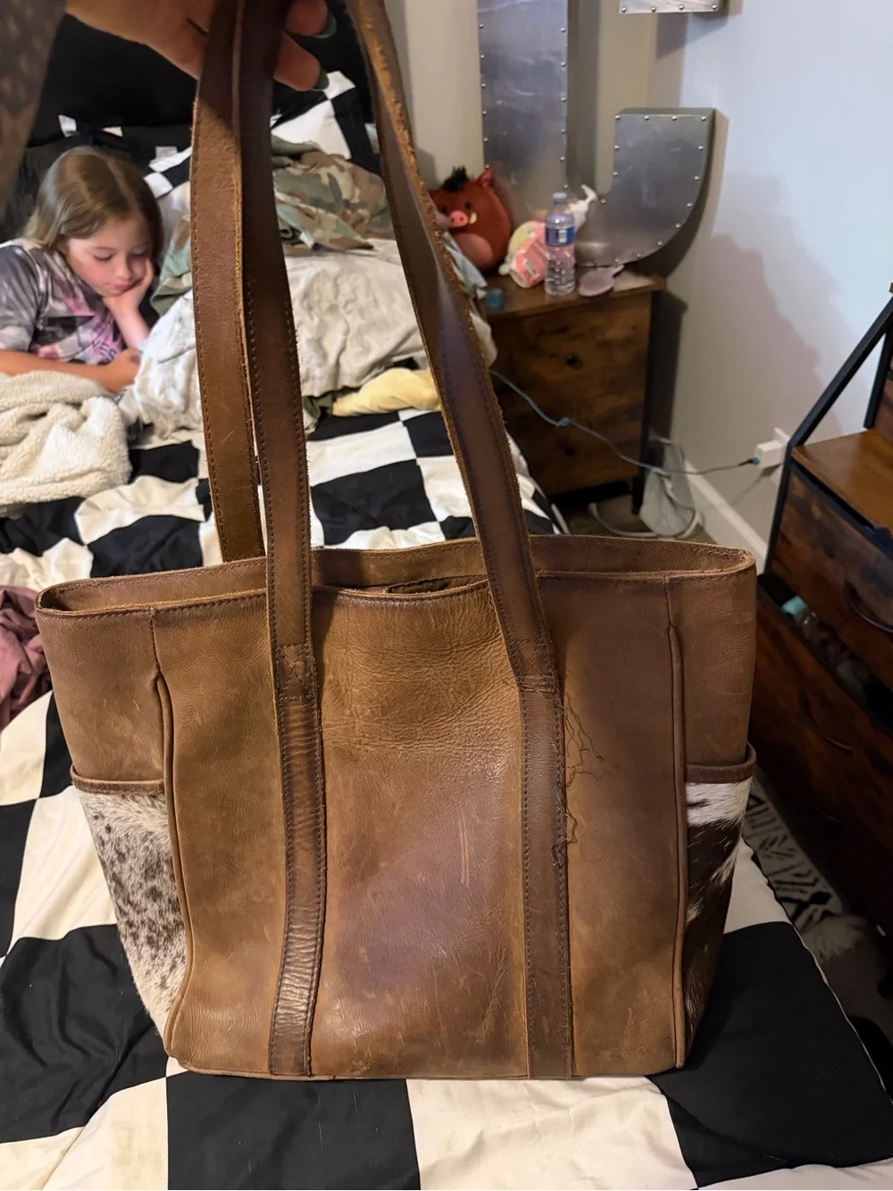 STS Ranchwear Brown and White Cowhide Leather Patchwork Tote
